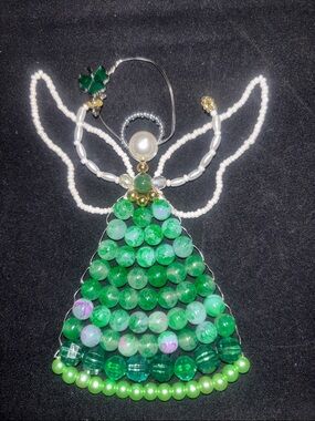 Handmade Green Beaded Angel Ornament - Festive Home Holiday Accent